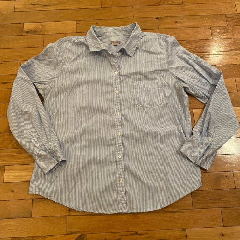 J. Jill Womens Blue White Pinstripe Stretch Button Down Shirt Large Long Sleeve